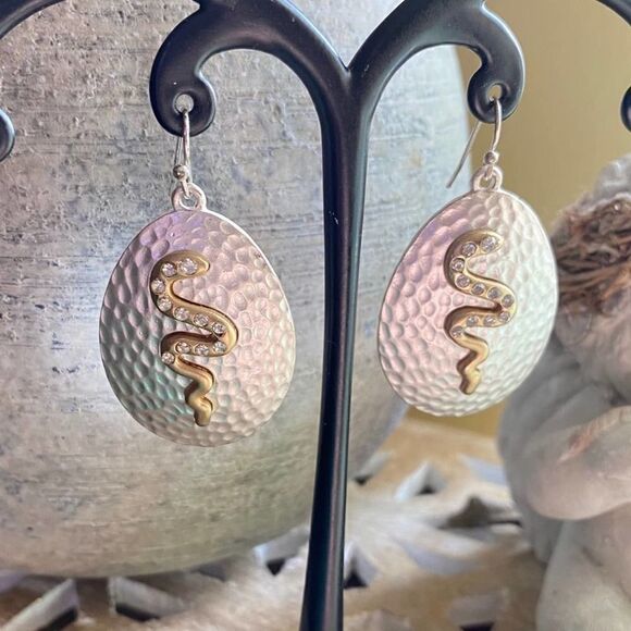 Two-Tone Brushed Silver And Gold Crystal Snake Earrings - Picture 3 of 7
